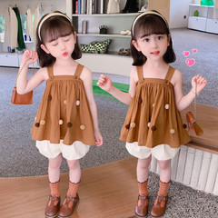 女童吊帶裙套裝夏季新款露背蝴蝶結毛毛球設計洋氣時尚吊帶褲套裝
