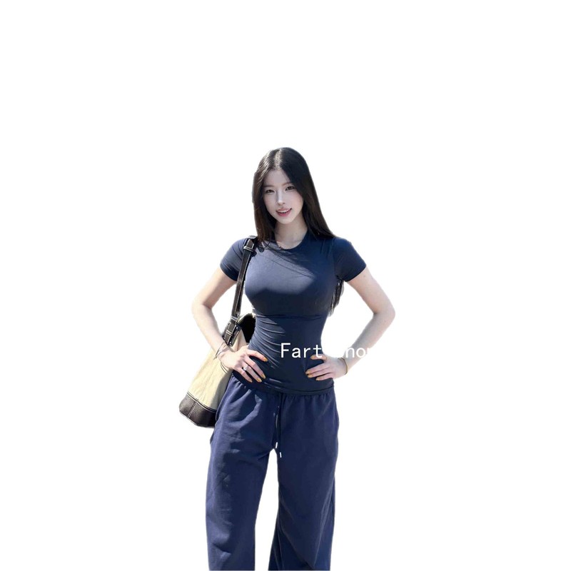 半袖春夏スリムフィット伸縮性右肩タイトピンクTシャツ半袖トップス女性用|undefined