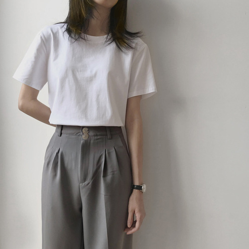 Pure cotton white short-sleeved T-shirt for women, summer top with round neck, Instagram-style trendy innerwear, Korean-style base layer, outerwear, heavyweight, wholesale, spliced design.
