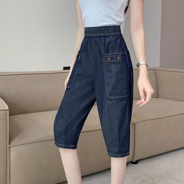 Shanlida Large Size Loose Elastic Cropped Jeans for Women, Summer Thin Style, Slimming Lantern Mid-Length Pants, High Waist for Plus Size Shanlida Large Size Loose Elastic Cropped Jeans for Women, Summer Thin Style, Slimming Lantern Mid-Length Pants, High Waist for Plus Size