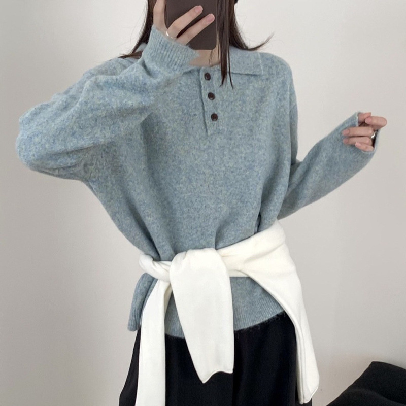 Literary Retro Style Thick Wool Plush Yarn Knitwear Women's Pullover Lapel Half-Cardigan Knitwear Loose Autumn and Winter Large Size
