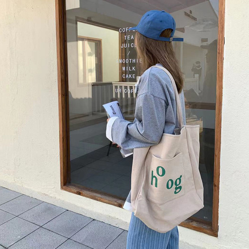 Literary ins super popular canvas bag women's shoulder portable large capacity shopping bag  new trendy simple tote bag