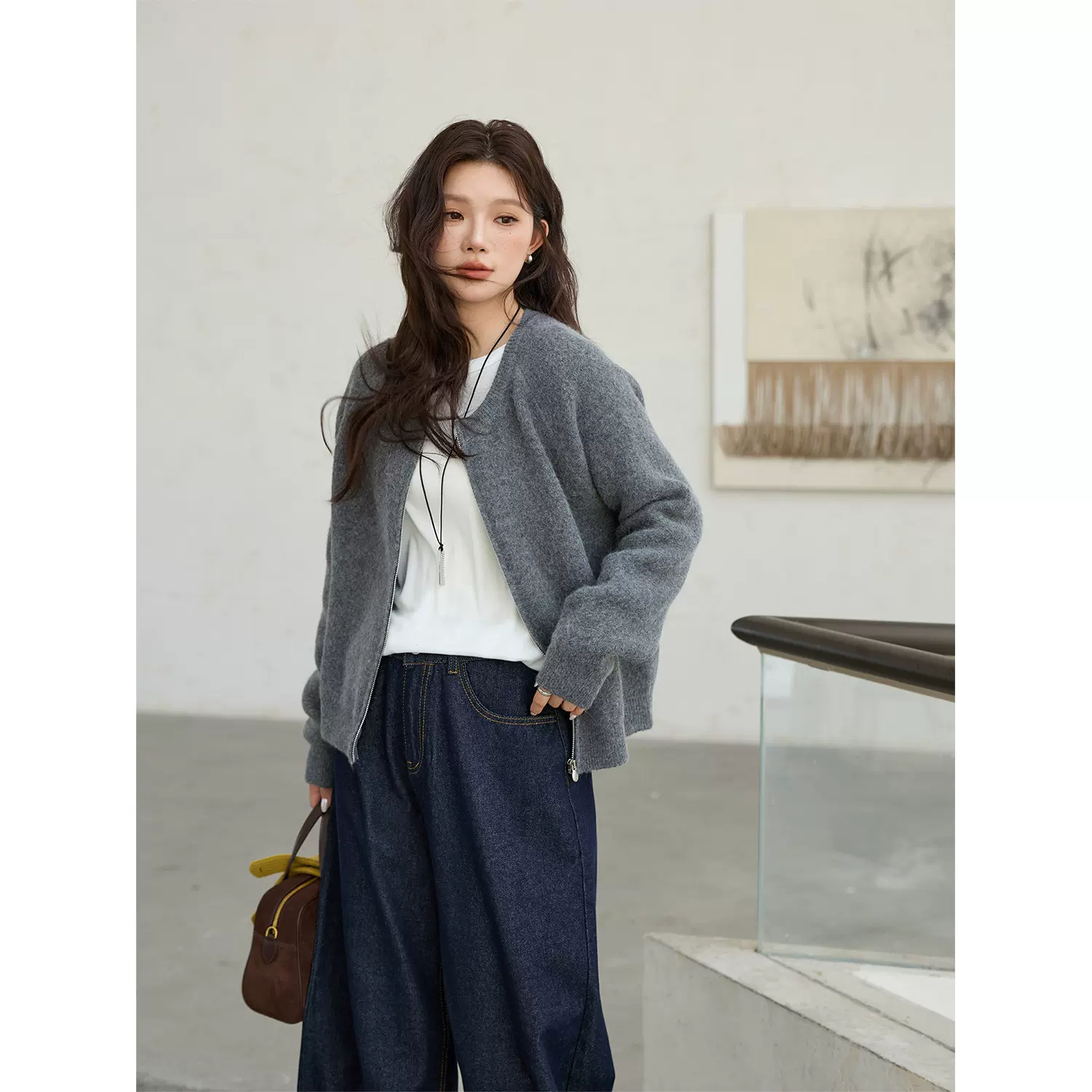 大码女装宽松休闲圆领拉链开衫毛衣秋冬百搭穿搭时尚显瘦多色外套