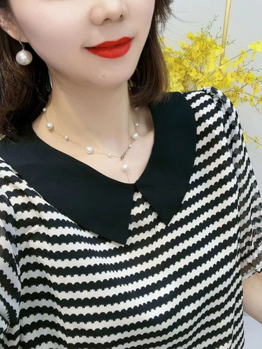Summer new chiffon shirt for women, all-match striped doll collar, temperament, age-reducing loose belly-covering and slimming top for women