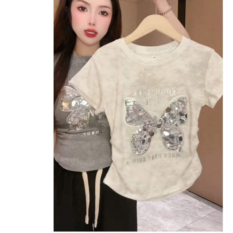 Camiseta de hombro de manga corta de mariposa con lentejuelas para mujer 2024 verano nuevo estilo moda casual pliegues cintura delgada para mujer image 9