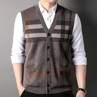 Middle-aged fashion 100% pure wool vest men's autumn and winter New sleeveless knitted cardigan sweater outer wear
