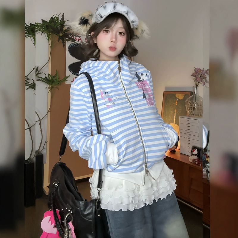 Cute Ear Slim Fit American Style Off-Shoulder Striped Hoodie for Women, Short Long-Sleeve Cardigan Jacket for Petite Women Cute Ear Slim Fit American Style Off-Shoulder Striped Hoodie for Women, Short Long-Sleeve Cardigan Jacket for Petite Women
