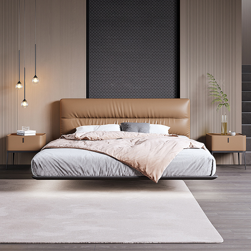 2023 nueva cama de suspensión italiano cama minimalista dormitorio principal moderno simple cama de cuero real 1,8 m bolsa suave cama de suspensión