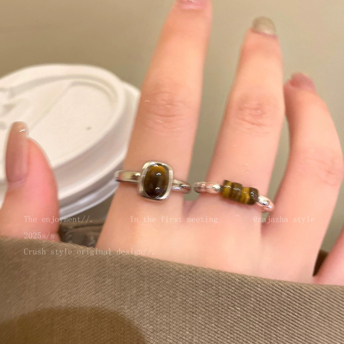 Vintage Maillard Tiger Eye Stone Ring for Women, Niche Design, Index Finger Ring, Retro Light Luxury High-End Ring