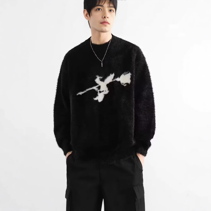 American Style Dark Rose Flocking Mohair Sweater Men's Niche Loose Irregular Sweater 2024 Tide American Style Dark Rose Flocking Mohair Sweater Men's Niche Loose Irregular Sweater 2024 Tide
