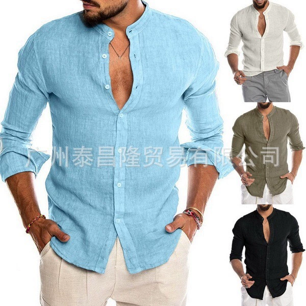 желание Европейский и американский экспорт, популярная весенне-осенняя повседневная рубашка из хлопка и льна с воротником-стойкой и длинными рукавами, однотонная рубашка на складе