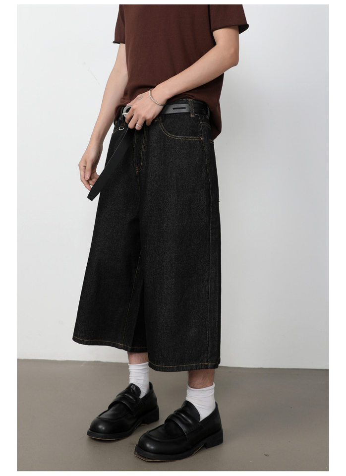 Quần short denim nam dáng rộng ống suông — Da bò thô màu đen, Xanh denim thô, Xanh đậm, Đen xám chi tiết 19