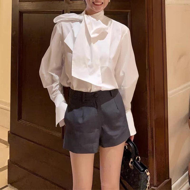 Elegant Lady British Style Design White Ribbon Bow Shirt Women's Slim Spring & Fall Loose Long-Sleeved Shirt