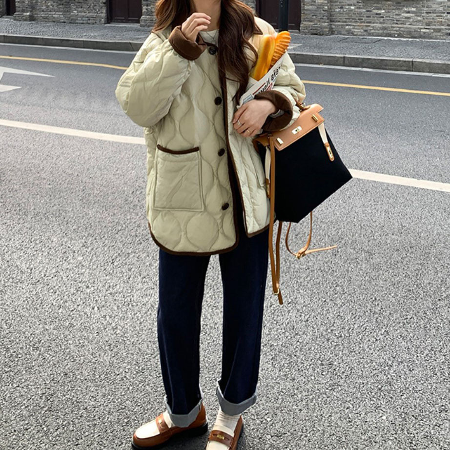 韩系新品气质显瘦温柔棉服女设计感小众撞色翻领菱格面包服外套冬
