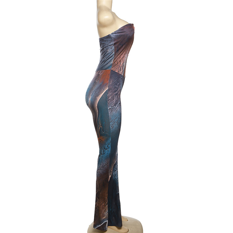 Women Clothing Autumn Winter Sexy Tube Top Backless Abstract Printing High Waist Long Jumpsuit