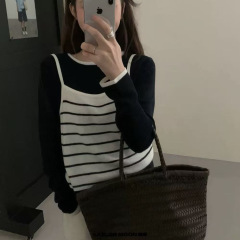 撞色条纹吊带两件套针织衫女秋季圆领气质打底衫修身长袖T恤上衣