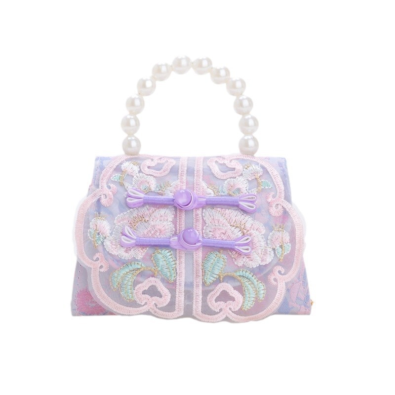 Chica linda princesa bolso de perlas encaje bordado portátil todo fósforo pequeño bolso cuadrado estilo étnico bolso de mensajero para niños