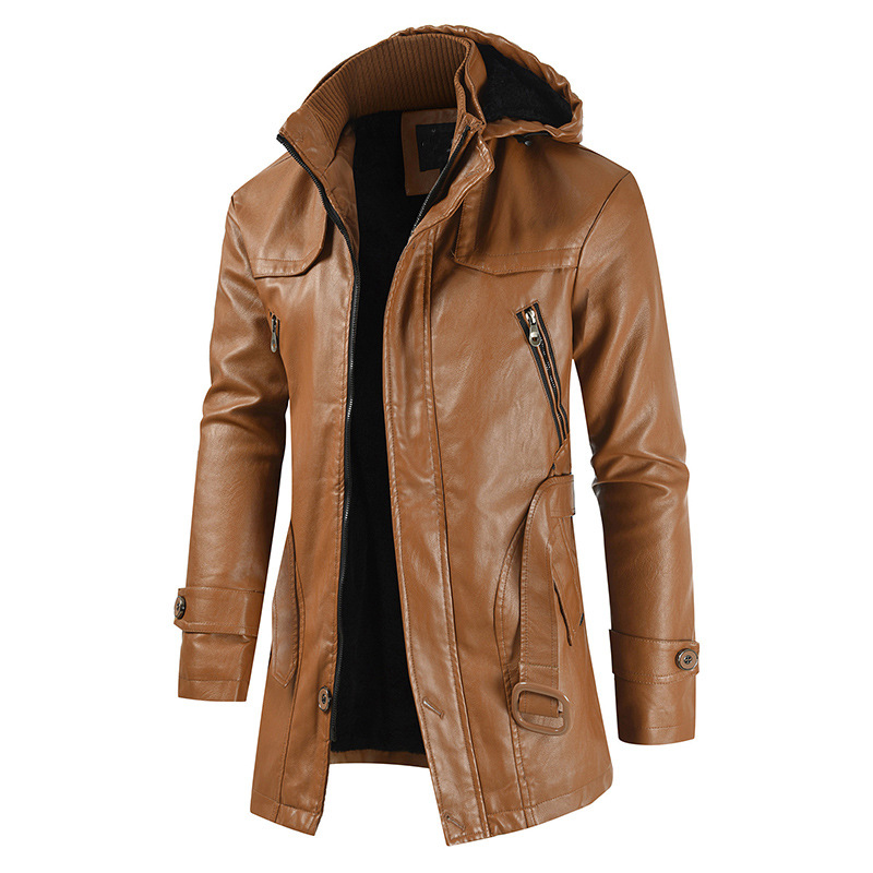 Chaqueta de Cuero para Hombre, Estilo Casual, Invierno 2024, Comercio Exterior, Chaqueta de Cuero PU con Capucha, Ajustada, Juvenil