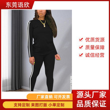欧美女士休闲运动两件套长袖上衣配修身长裤侧边条纹设计多色供选