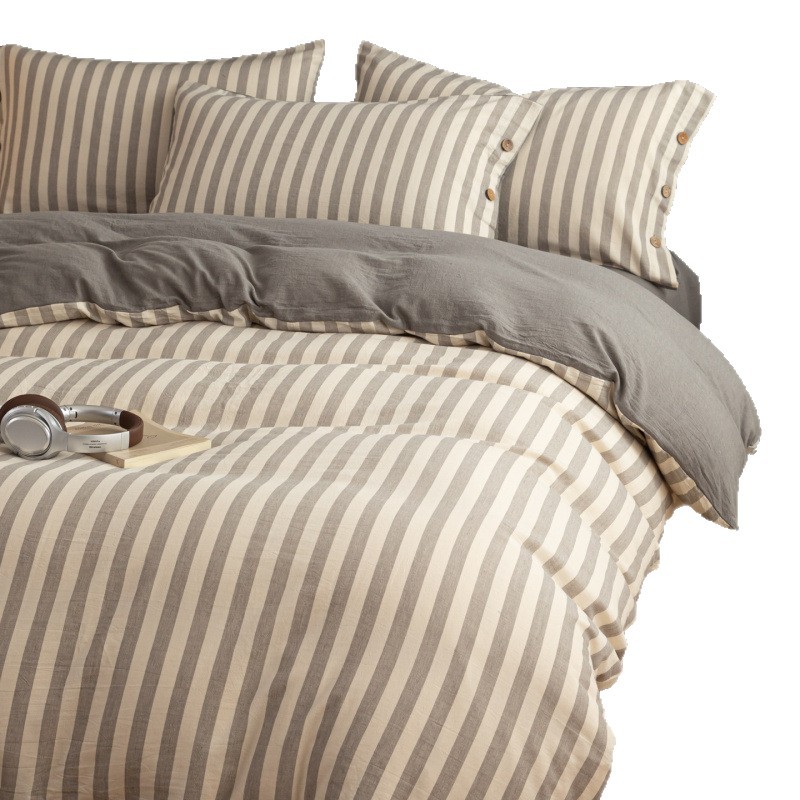 Cotton Linen Bedding Set Striped Plaid Four Piece Sheet Set_voghion.com
