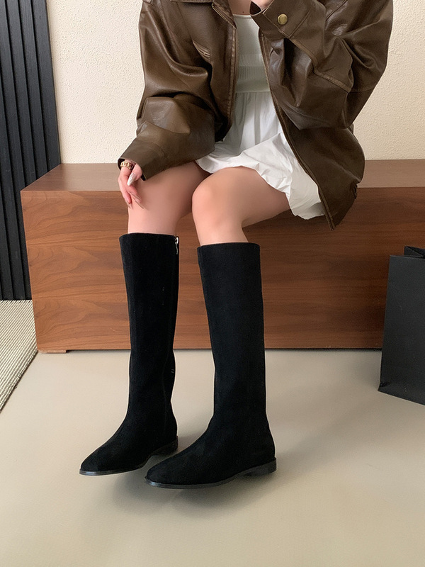 复古卡其色长筒靴女鞋2025秋冬新款不过膝圆头平底绒面高筒长靴女|undefined