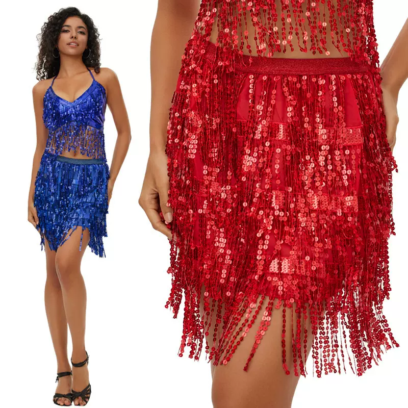 跨境欧美万圣节舞裙肚皮舞亮片流苏半身裙子亚马逊性感珠片演出裙