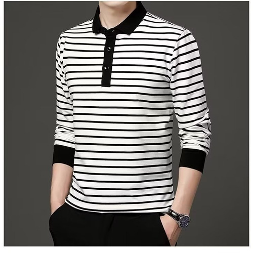 Men's Long Sleeve T-shirt Spring and Autumn Fashion Leading Base Polo Shirt Thin Striped Autumn Top