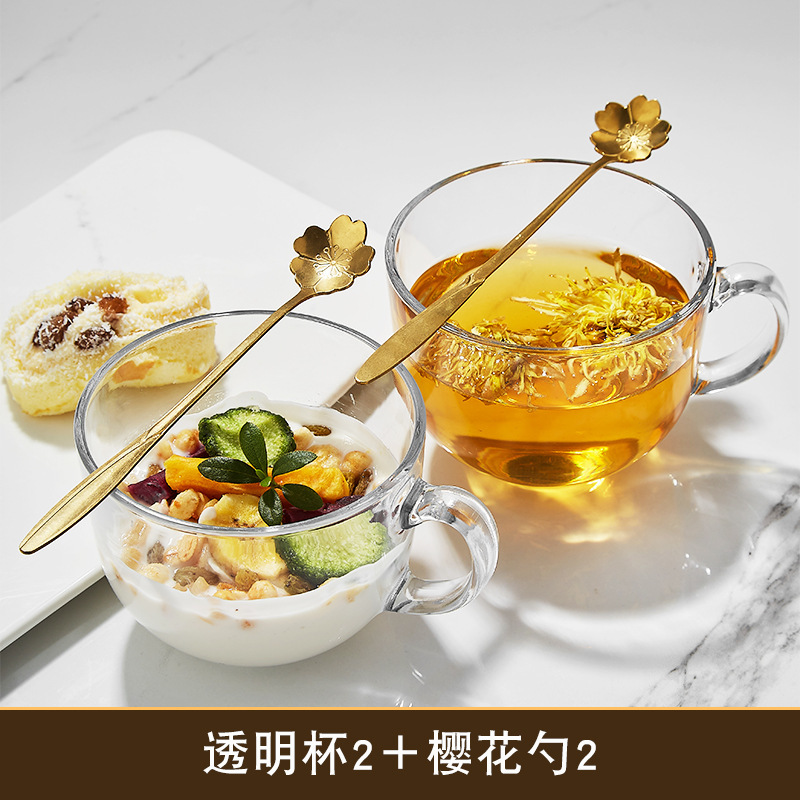 2 transparent breakfast cups + 2 cherry blossom spoons
