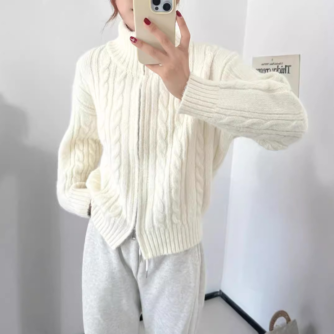 24 invierno Puyuan collar de pila retro flor trenzada lana tejido cardigan de color sólido de mujer coreana