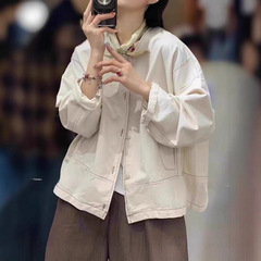 古咖服饰秋季新款棉质纯色外套女圆领单排扣休闲长袖外搭开衫上衣
