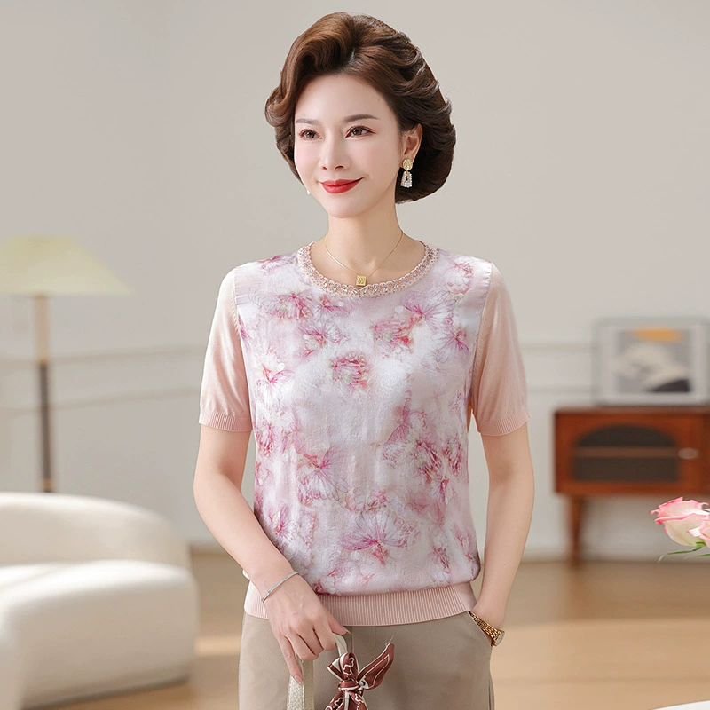 Мама летнее платье с короткими рукавами шелковая рубашка благородный трикотажный топ среднего и пожилого возраста женская футболка с короткими рукавами шелковицы широкая