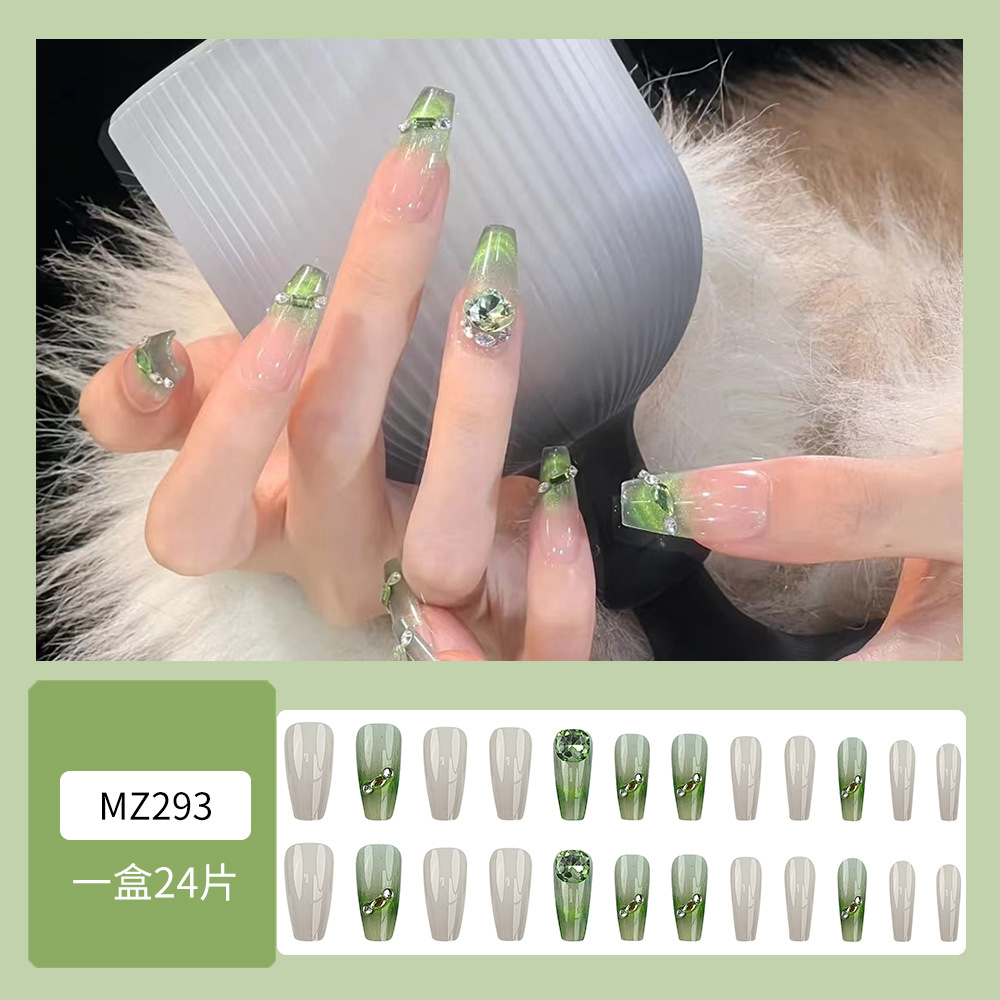 Diamante verde, ojo de gato, uñas largas, lujo brillante, uñas de ballet, 24 piezas, parches de uñas terminados