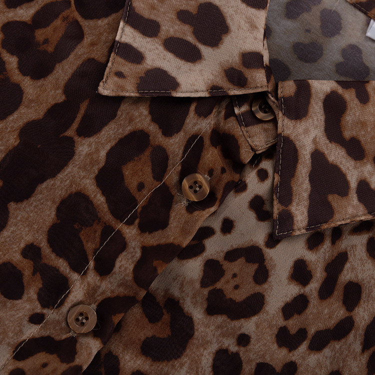Vacation Summer Leopard Print Loose Outfit Sexy See through Long Sleeves Shirt Shorts Two Piece Set