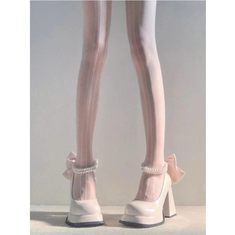 Preppy style chunky heel pearl chain leather shoes 2023 new high-looking fashionable Mary Jane high heels for women