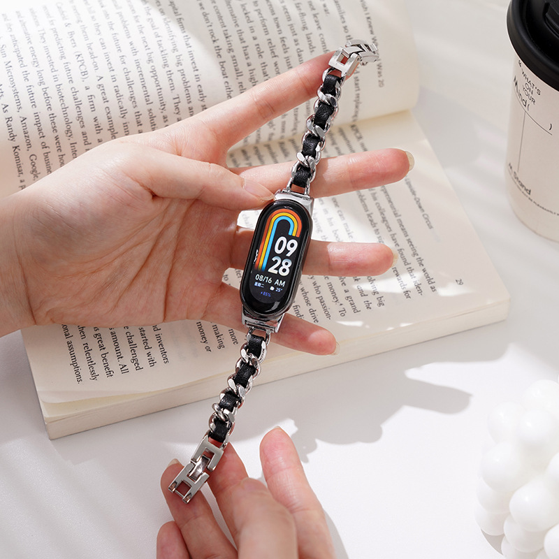 For Mi band 8 Strap Metal Single Chain Leather Strap Eight Generation Smart Bluetooth Sports Watch band Protection