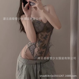 Sexy Embroidered Floral Mesh See-Through Lingerie with Straps, Slimming Pure Desire One-Piece Sleepwear for Young Women 2279