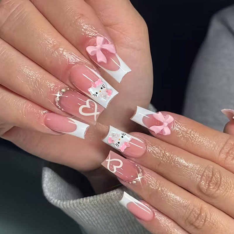 24 Pieces of Cross-Border Pink and White French-Style Heart-Shaped Wearable Nails with Sweet 3D Bow and Kt Cat Design, Removable Fake Nails
