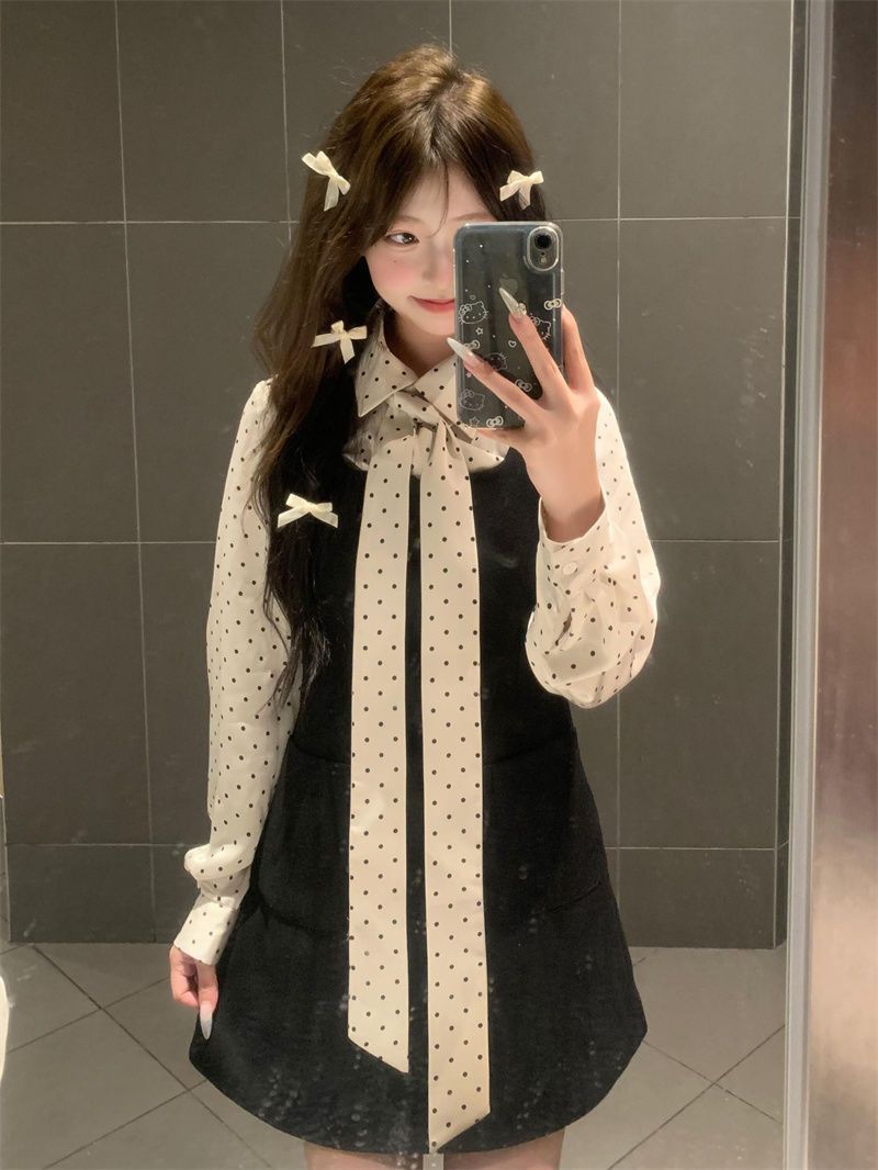 日系甜美小个子收腰显瘦背带连衣裙女学生+蝴蝶结波点衬衫两件套