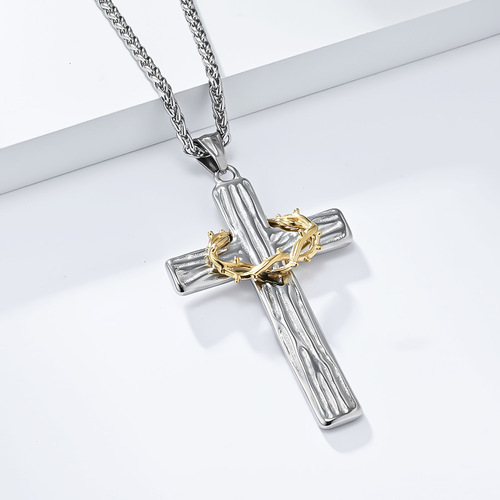 Retro Titanium Steel Flower Ring Cross Necklace Dual Color Wood Texture Stainless Steel Prayer Pendant Art Deco Minimalist Accessory
