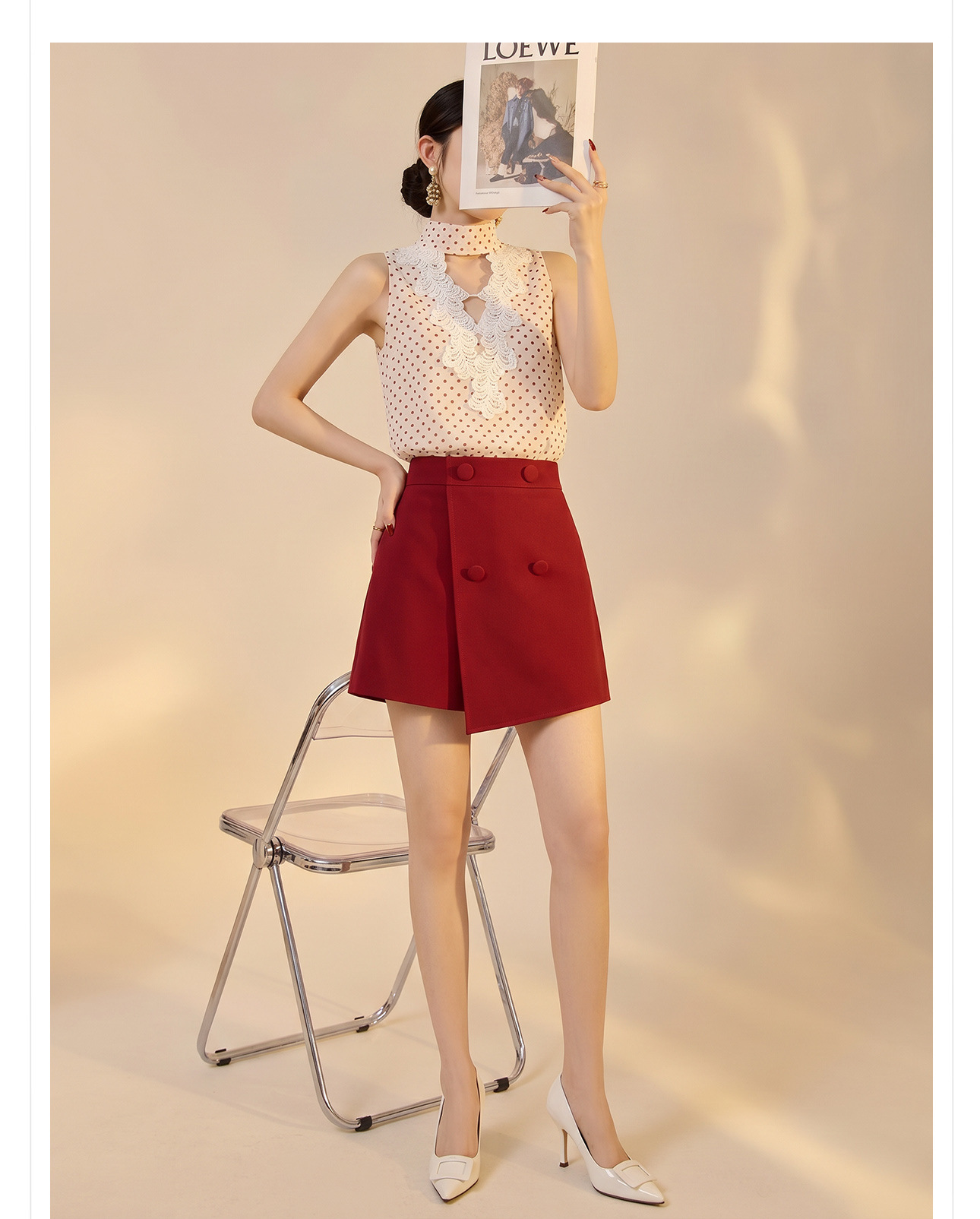 Set vest và chân váy ngắn họa tiết chấm bi phong cách Tân Trung Hoa mùa hè — Trang phục [Vest+Half Dress], nửa váy, Trang phục [Áo vest+quần short], quần đùi chi tiết 7