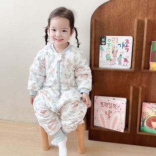 Children's Autumn Sleeping Bag Pure Cotton Class A Half-open Leg Clip Cotton-padded Creeper Sleeping Bag Detachable Sleeve Kick-proof Quilt for Boys and Girls