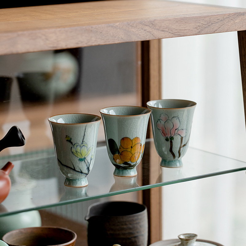 PK7J冰片釉純手繪枇杷聞香杯家用品茗杯單個聚香杯功夫茶杯陶瓷主