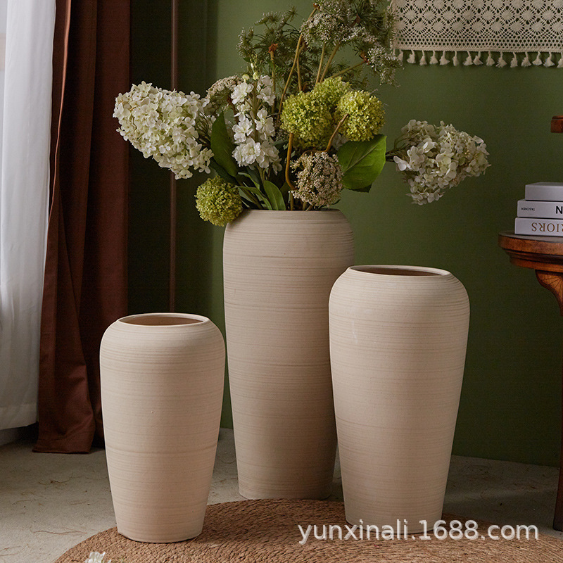 Floor-Standing Ceramic Large Vase Living Room Dried Flowers Simple Decoration Wabi-Sabi Stoneware Home Hotel Counter Decoration Combination