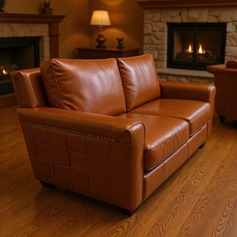 Medieval-Style Oil Wax Leather Checkered Sofa, Vintage Leather Art Sofa, Living Room Designer Straight-Row Three-Seater Sofa