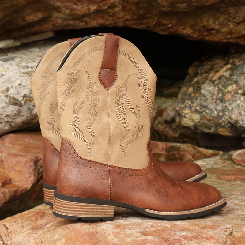 Vintažiniai kvadratiniai plius dydžio kaubojiški batai vyrams_voghion.com