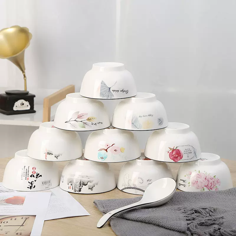 黑口沙拉碗批发两元店北欧风陶瓷饭碗创意家用餐具高脚黑口金花碗