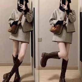感小香风套装女秋冬大码胖洋气质显瘦毛呢外套半身裙两件套