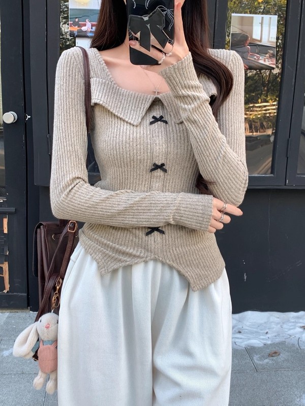 甜美洋气蝴蝶结chic方领打底上衣女秋季新款褶皱显瘦短款长袖T恤|undefined