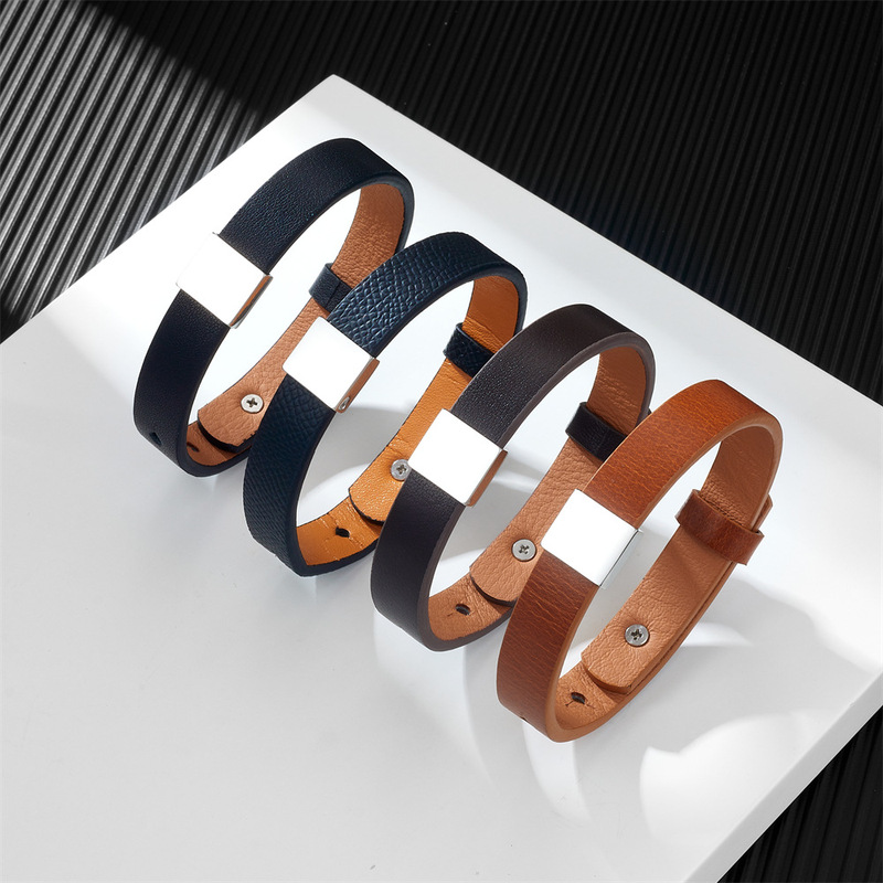 European and American men and women's leather bracelet foreign trade simple stainless steel smooth lettering cowhide bracelet diy leather bracelet