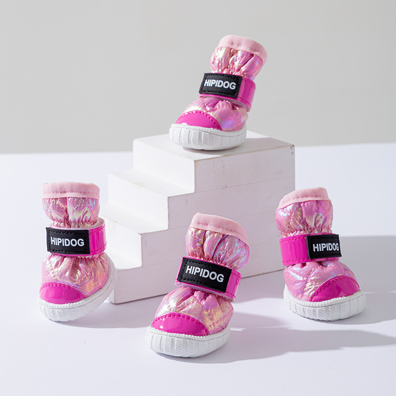 Otoño e invierno gradiente dorado perro botas de nieve forradas de lana gruesa caliente noreste zapatos de algodón anti-gota zapatos para perros mascotas